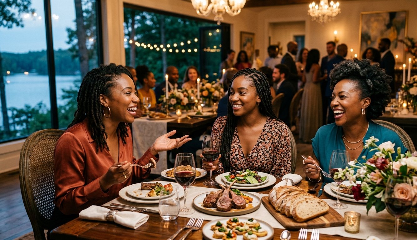 Elegant women at a refined dinner gathering — the Vintage 76 experience